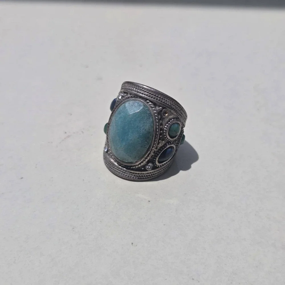 Vintage 925 Sterling Silver Mixed Stone Boho Statement Ring Size 7.25 Blue Green